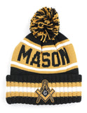 Mason Square and Compass 2B1ASK1 Beanie Hat Toboggan Winter Knit Black Gold and White