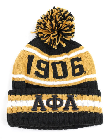 Alpha Phi Alpha 1906 A-PHI Black and Gold Greek Beanie Hat Toboggan Winter Knit Black and Gold