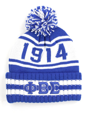 Phi Beta Sigma 1914 BLUE PHI Beanie Hat Toboggan Winter Knit Blue and White