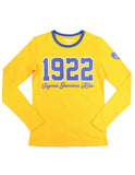 Sigma Gamma Rho 1922 Greek Ladies Long Sleeve Glitter Print Tee with Contrast neckband and heart on sleeve with Greek Letters Gold Tee with Blue White and Gold Print or Blue Tee with Blue White and Gold Print