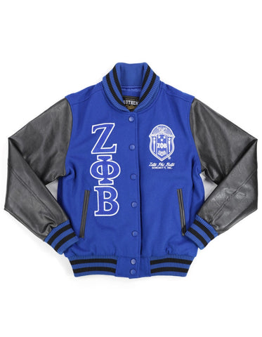 Zeta Phi Beta ZPhiB ZPB wool jacket letterman leather sleeves button up jacket fully decorated women's varsity jacket wool coat blue and black
